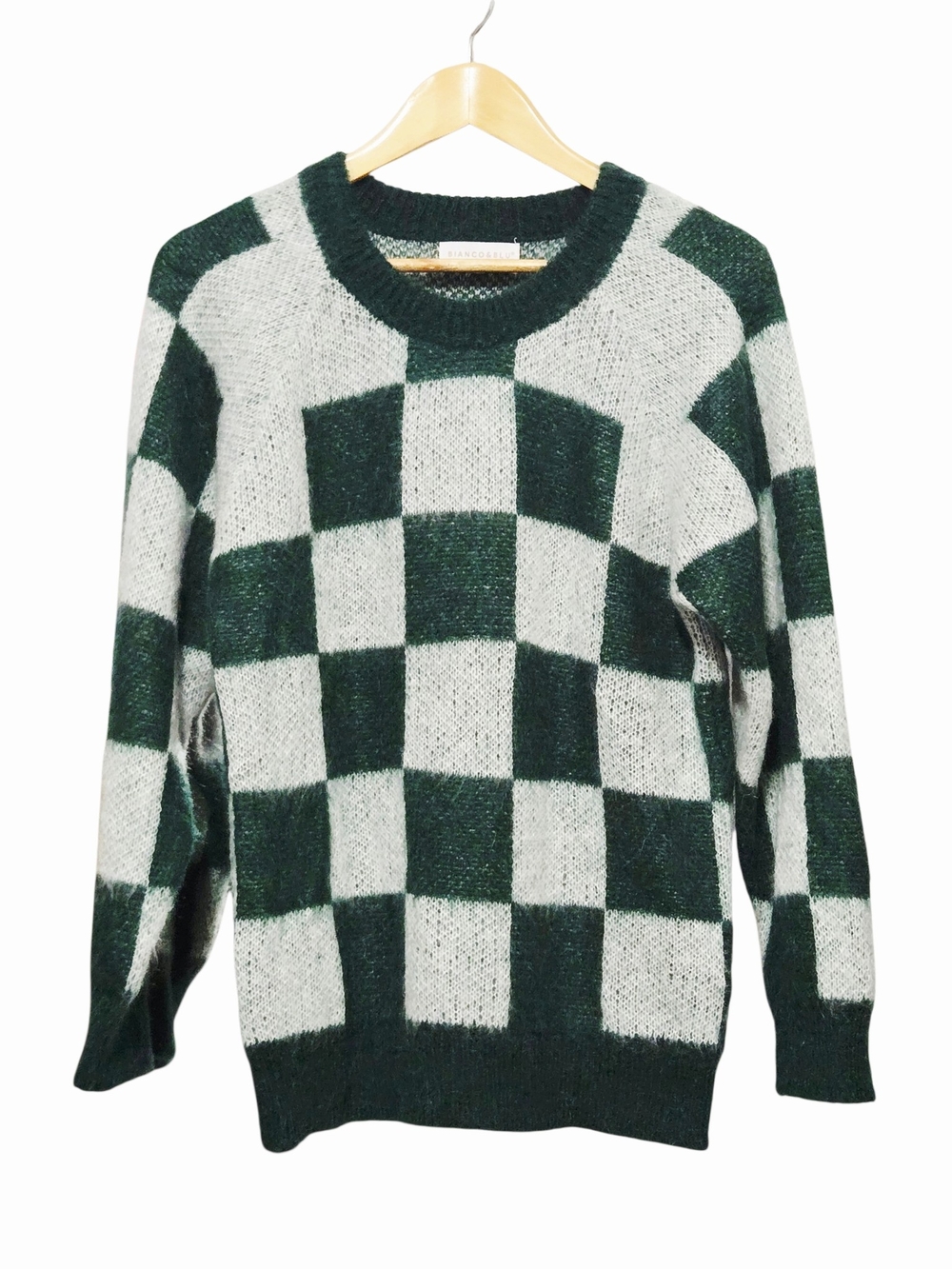 Bianco & Blu Italy Mohair Blend Checkerboard Sweater Green Ivory Size M Mens